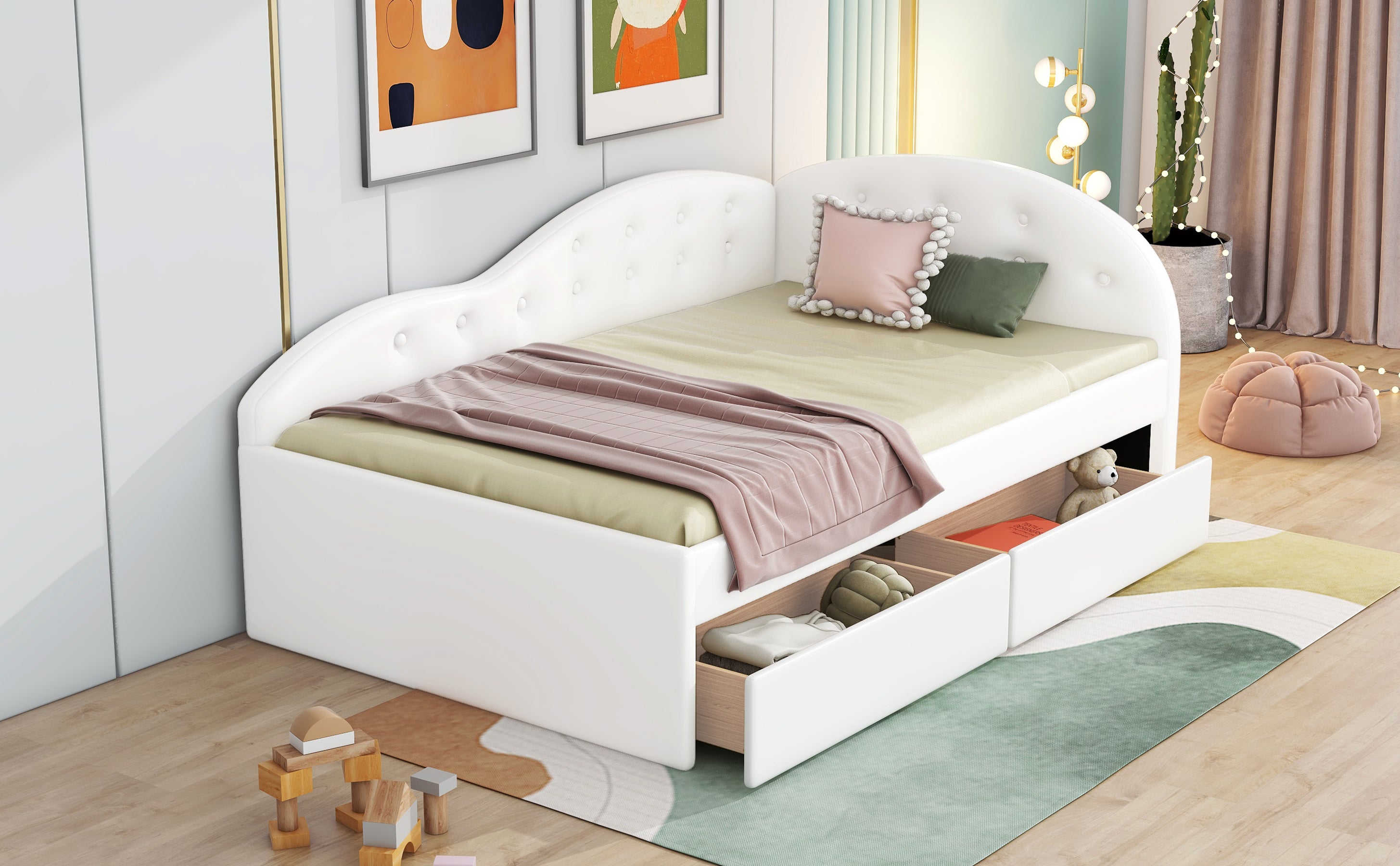 Twin Size PU Upholstered Tufted Daybed with Two Drawers and Cloud Shaped Guardrail, White - Atlantic Fine Furniture Melbourne FL
