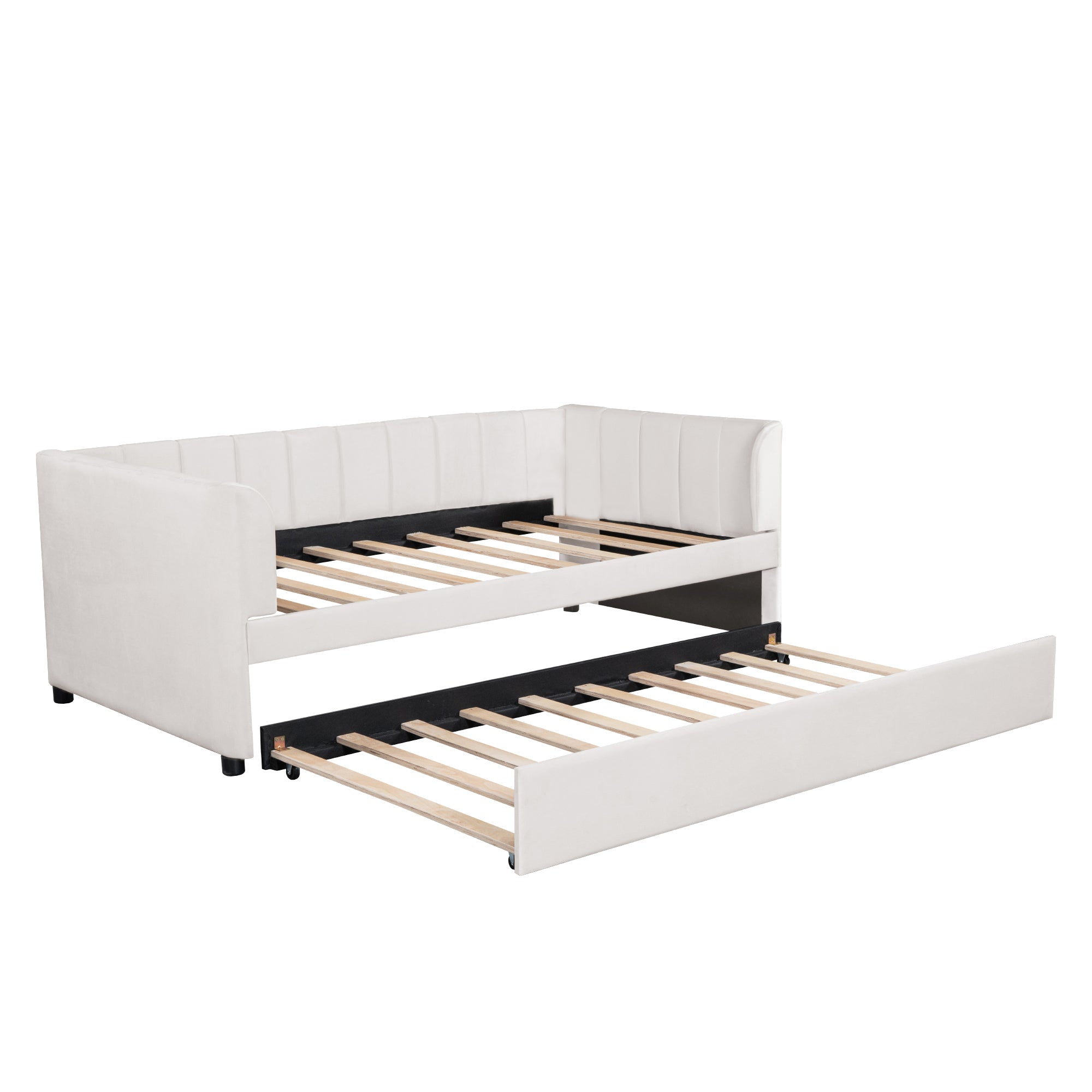Twin Size Upholstered Daybed with Ergonomic Design Backrest and Trundle, Beige - Atlantic Fine Furniture Melbourne FL