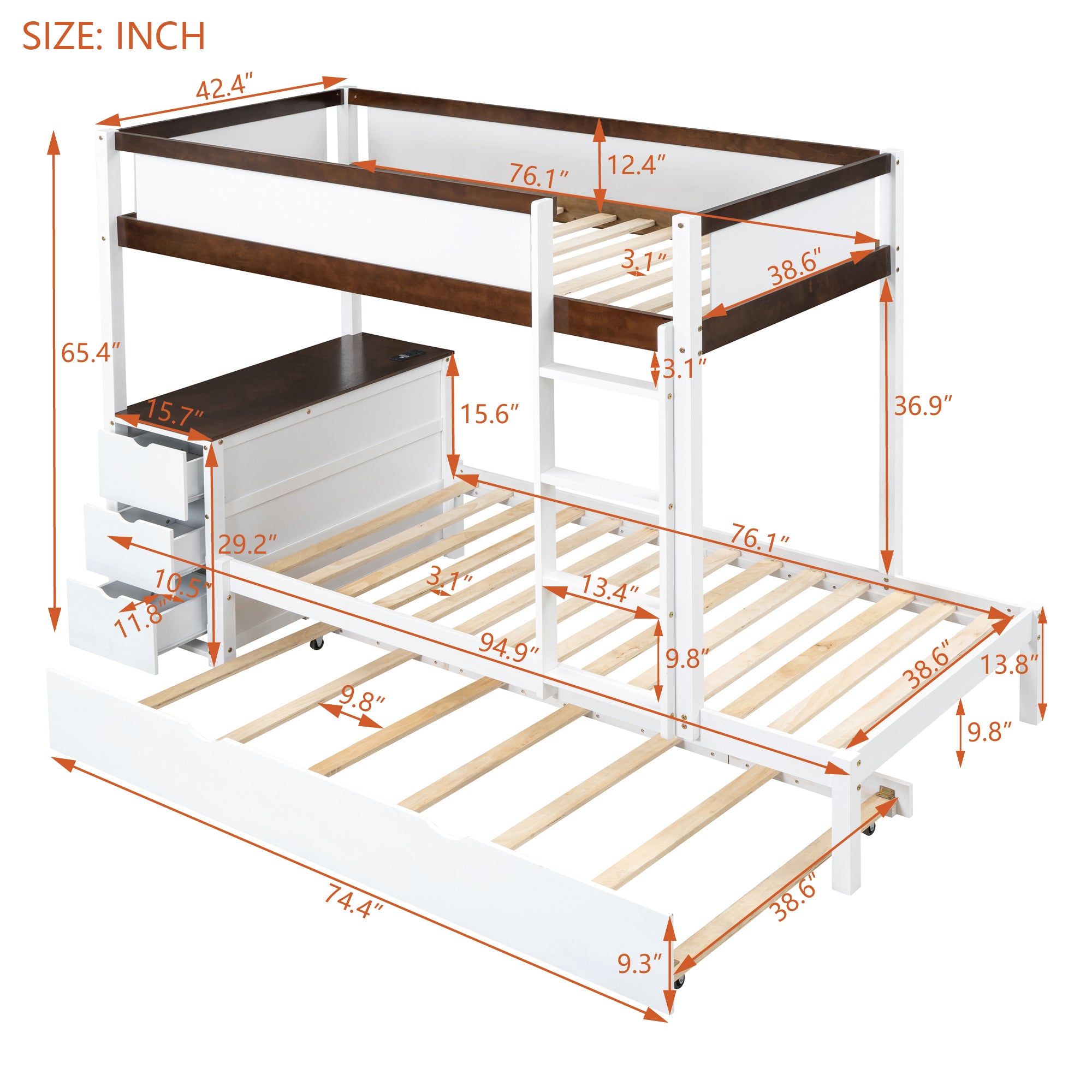 Twin-Over-Twin Bunk Bed with Twin size Trundle, Storage and Desk, White+Walnut - Atlantic Fine Furniture Melbourne FL