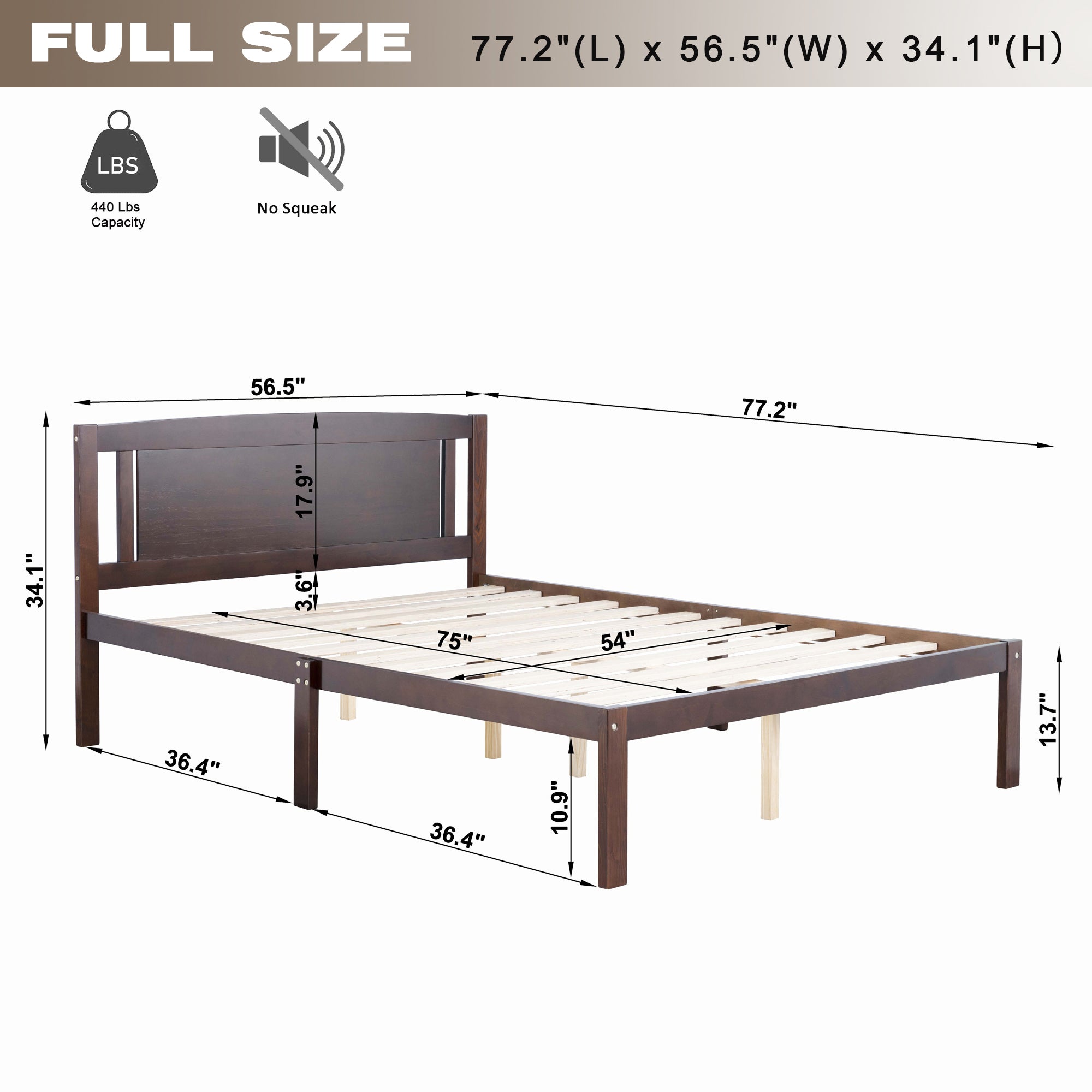 Full Size Bed, Wood Platform Bed Frame with Headboard For Kids, Slatted, Dark Walnut