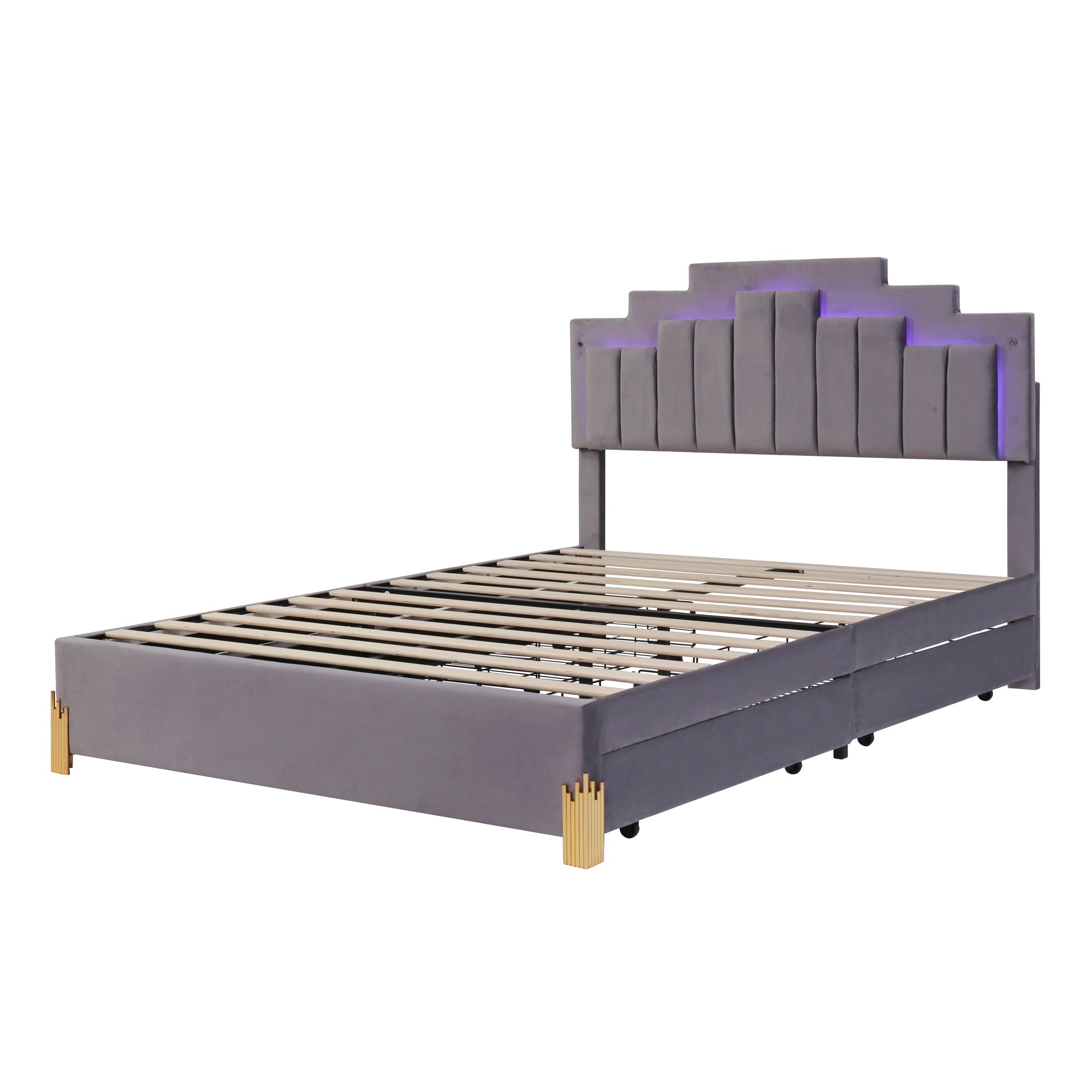 Queen Size Upholstered Platform Bed with LED Lights and 4 Drawers, Stylish Irregular Metal Bed Legs Design, Gray - Atlantic Fine Furniture Melbourne FL