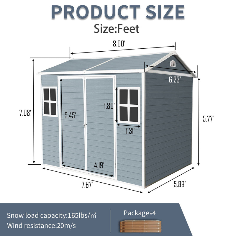 Resin Outdoor Storage Shed Waterproof Shed With Floor & Two Windows & Lockable Door, Tool Shed For Garden, Patio, Backyard