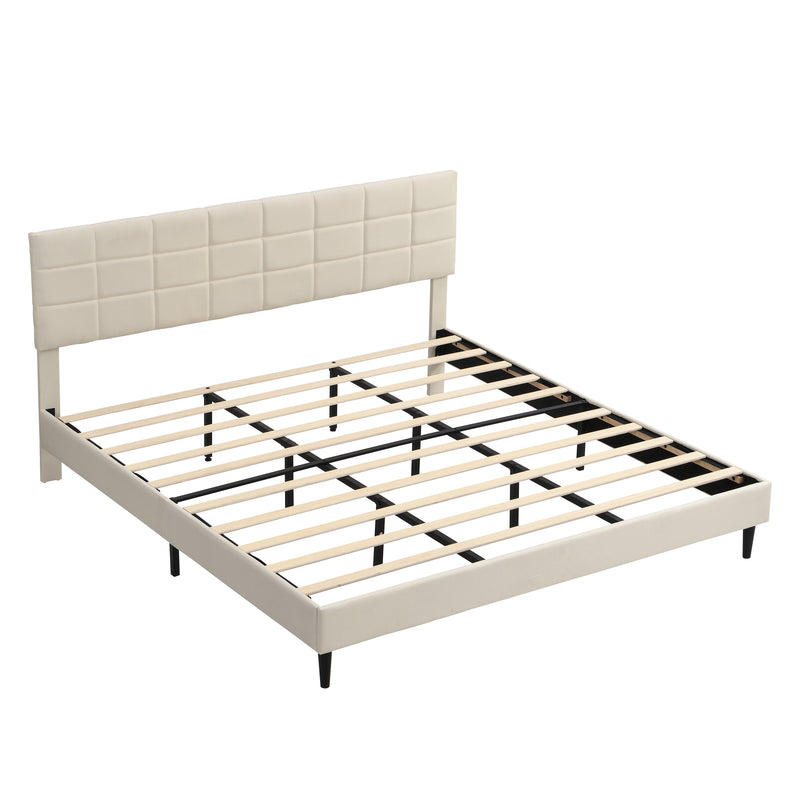 King Size Platform Bed Frame with Fabric Upholstered Headboard and Wooden Slats, No Box Spring Needed/Easy Assembly, Dark Beige