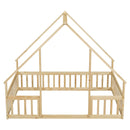 Full Wood House-Shaped Floor Bed with Fence, Guardrails,Natural