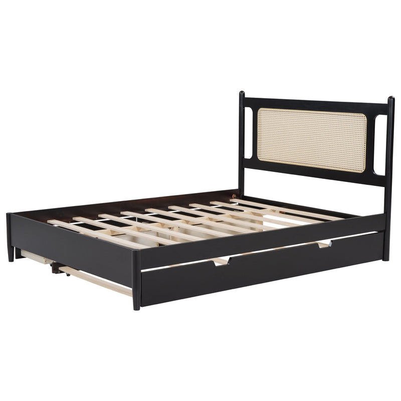 Wooden Rattan Platform Bed, With 2 Big Drawers & Trundle