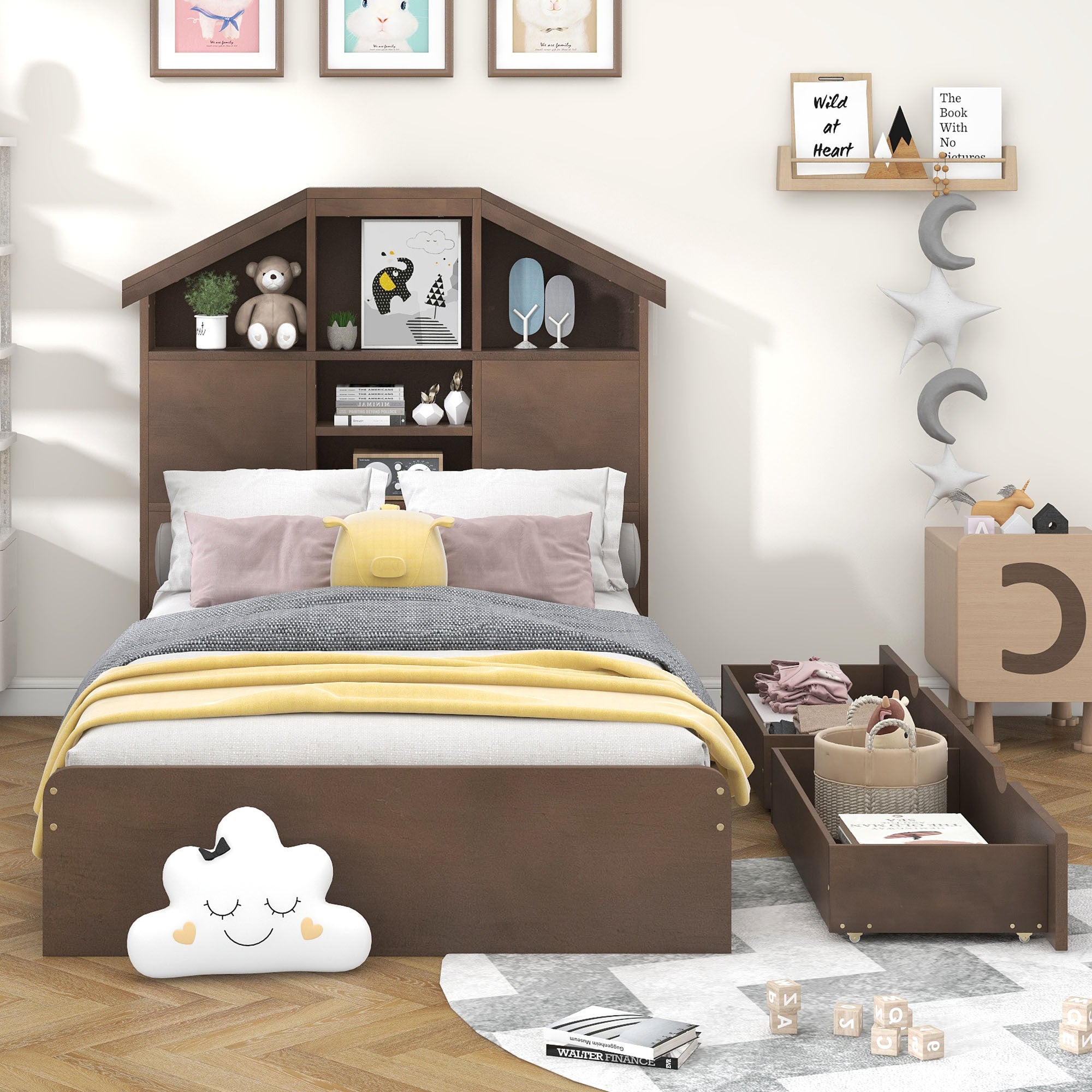 Twin Size Wood Platform Bed with House-shaped Storage Headboard and 2 Drawers, Walnut - Atlantic Fine Furniture Melbourne FL