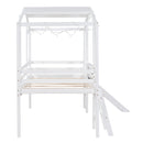 Loft House Bed With Ladder And Slide, With Blackboard And Light Strip On The Roof