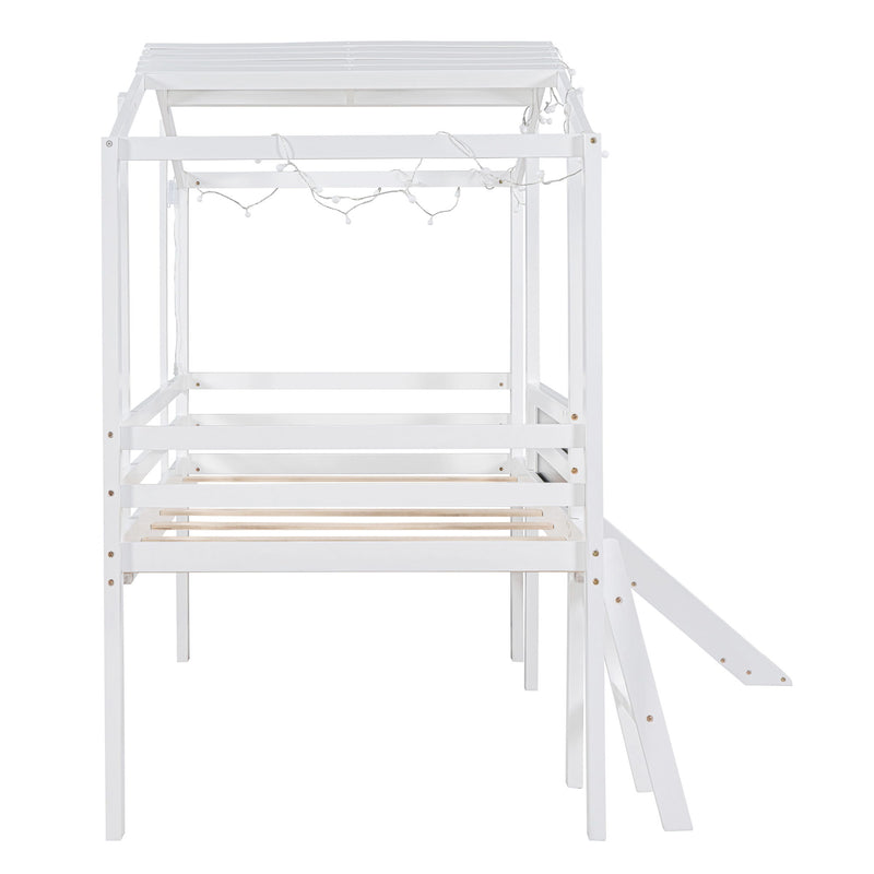Loft House Bed With Ladder And Slide, With Blackboard And Light Strip On The Roof
