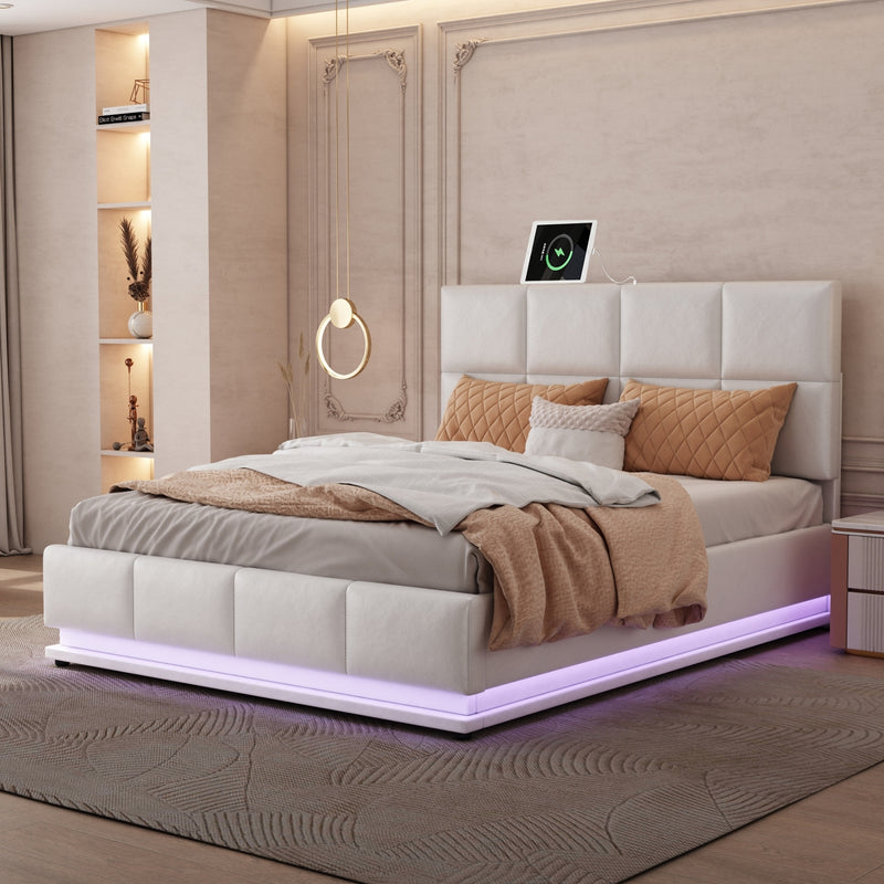 Tufted Upholstered Platform Bed with Hydraulic Storage System,Queen Size PU Storage Bed with LED Lights and USB charger, White