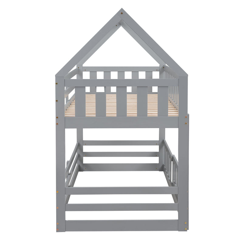 Twin Over Twin House Bunk Bed With Fence And Door - Gray