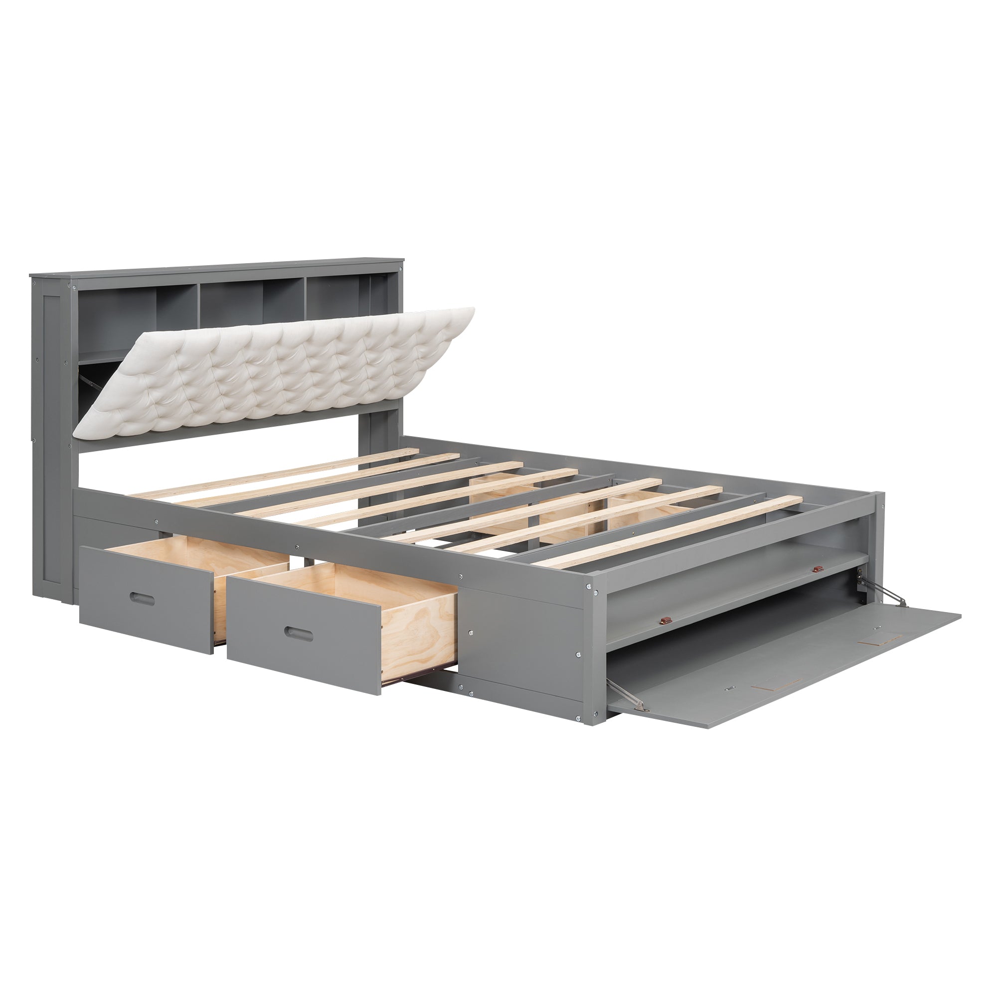 Wood Queen Size Platform Bed with Storage Headboard, shoe rack and 4 drawers,Gray - Atlantic Fine Furniture Melbourne FL