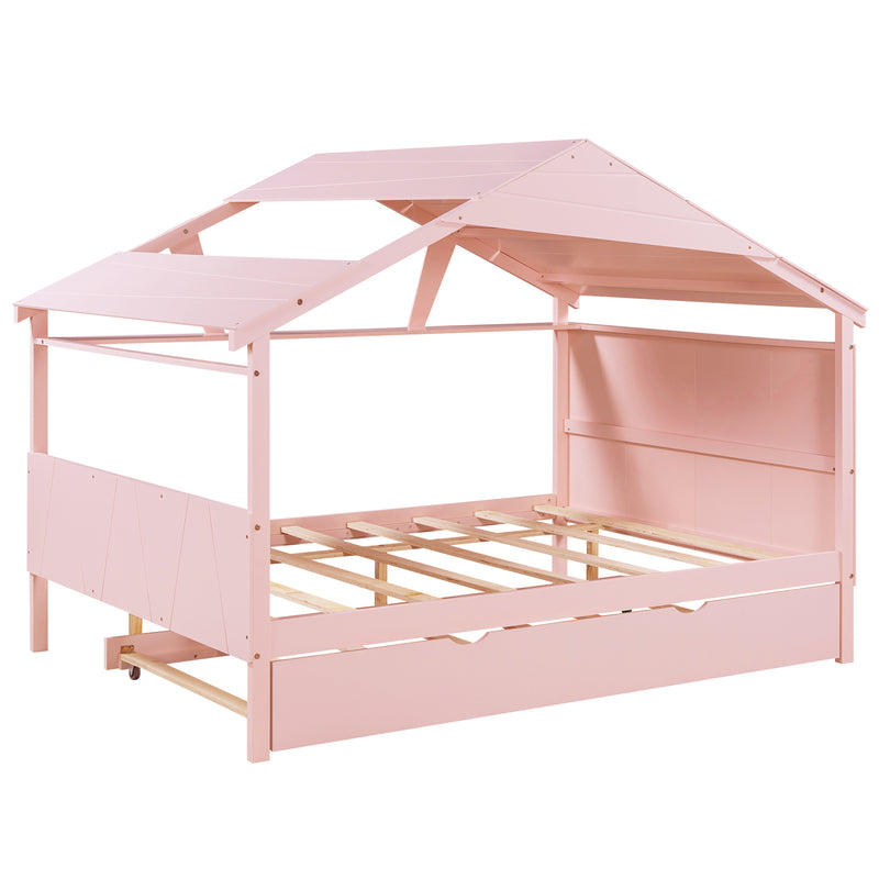 Wood Full Size House Bed with Twin Size Trundle and Storage, Pink