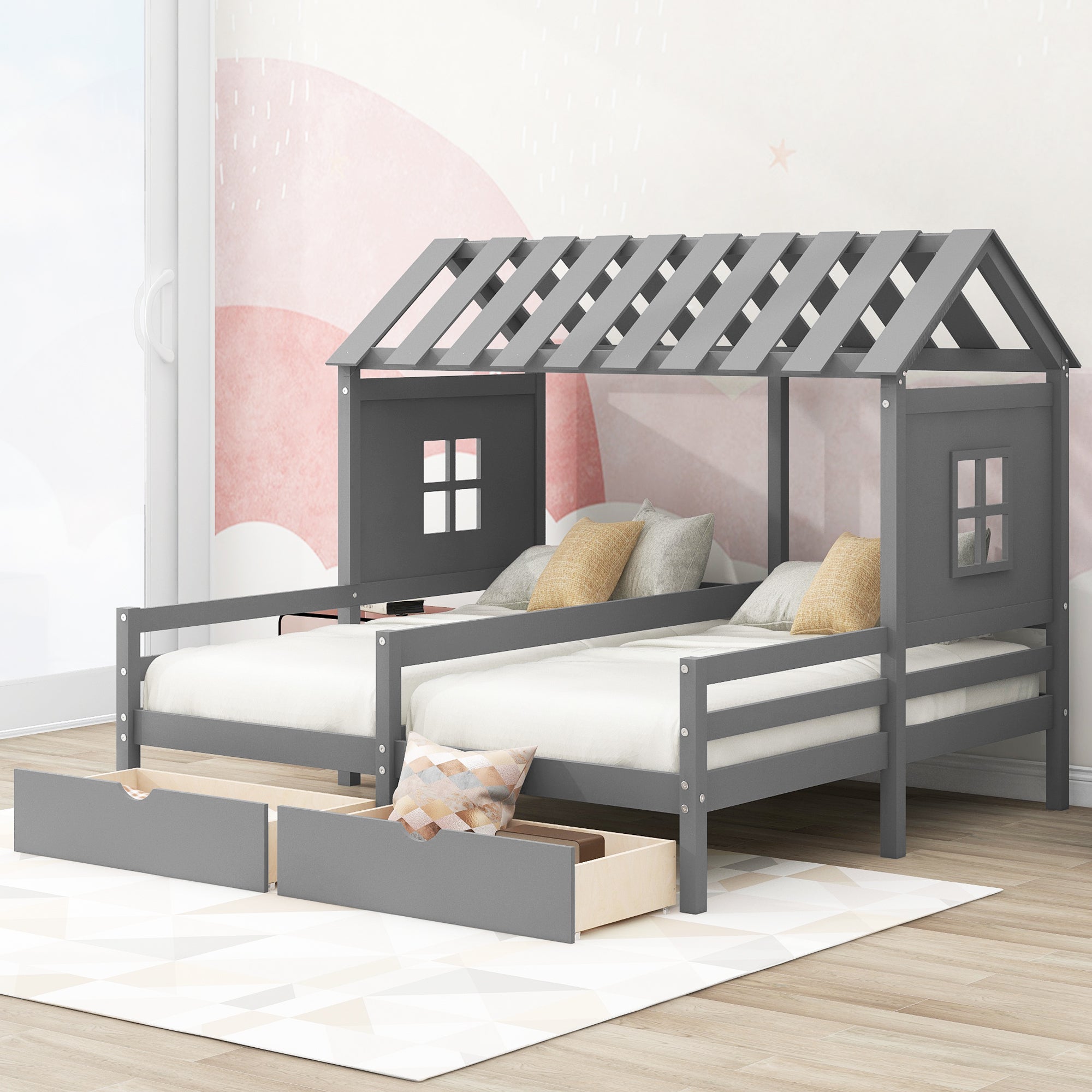 Twin Size House Platform Beds with Two Drawers for Boy and Girl Shared Beds, Combination of 2 Side by Side Twin Size Beds, Gray(old sku: GX000927AAE) - Atlantic Fine Furniture Melbourne FL