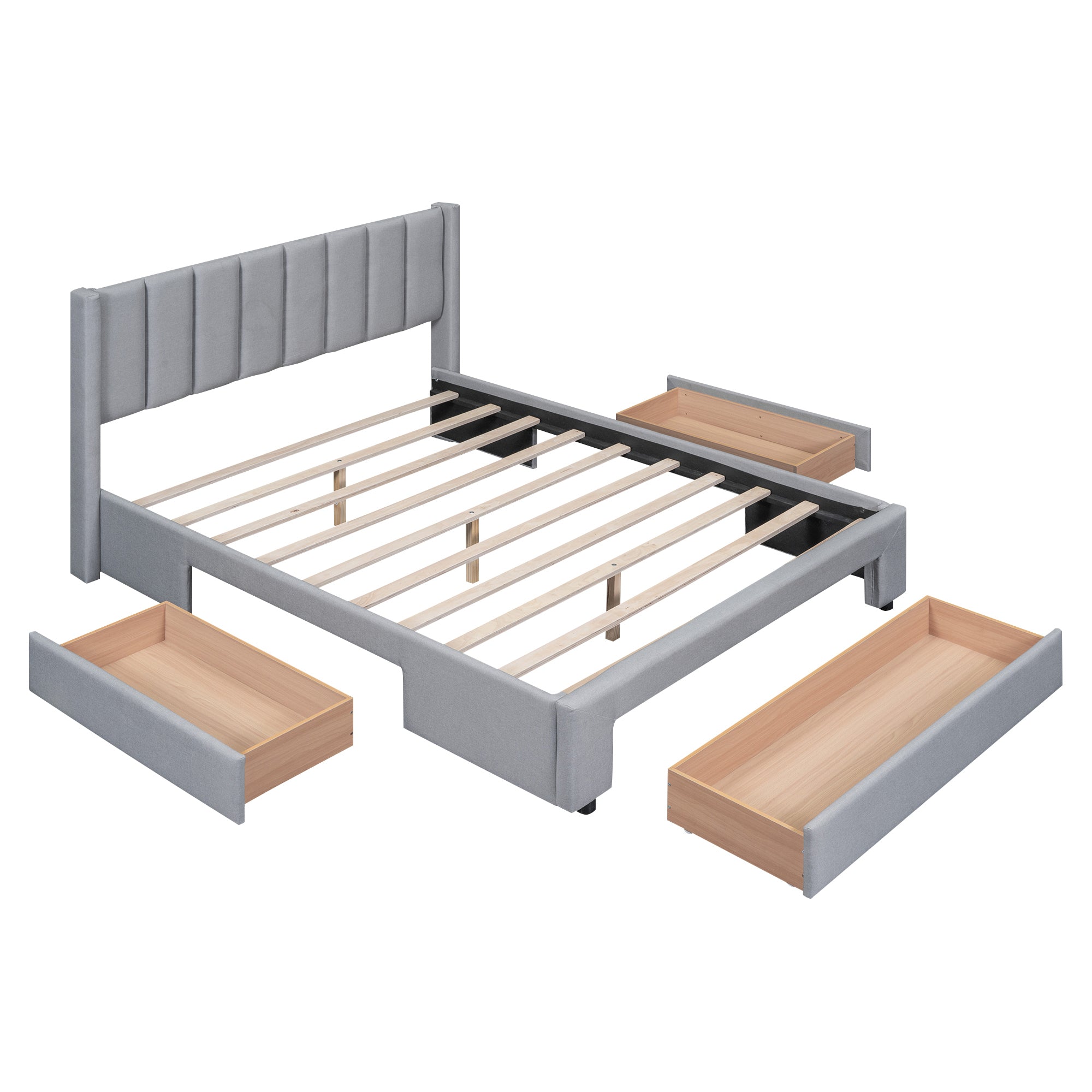 Queen Size Upholstered Platform Bed with One Large Drawer in the Footboard and Drawer on Each Side,Gray - Atlantic Fine Furniture Melbourne FL