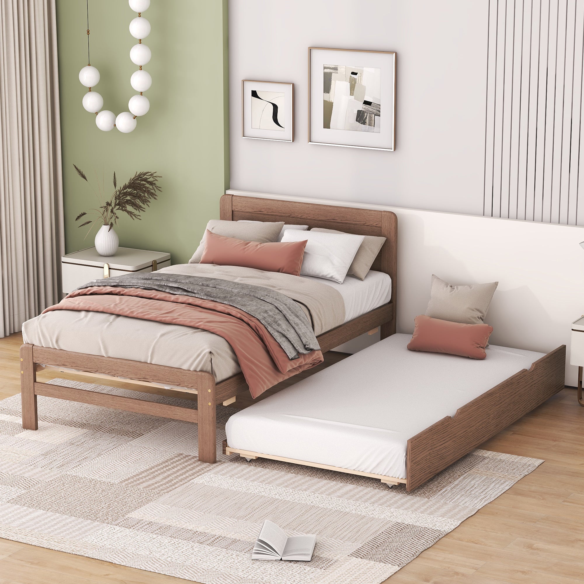 Modern Design Wooden Twin Size Platform Bed Frame with Trundle for Walnut Color - Atlantic Fine Furniture Melbourne FL