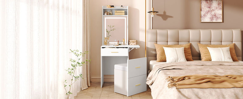 Small Vanity Desk With Mirror And Light, Dressing Table With Charging Station & Fold Up Panel For Small Space, Compact Makeup Vanity Set With Hidden Stool For Bedroom - White