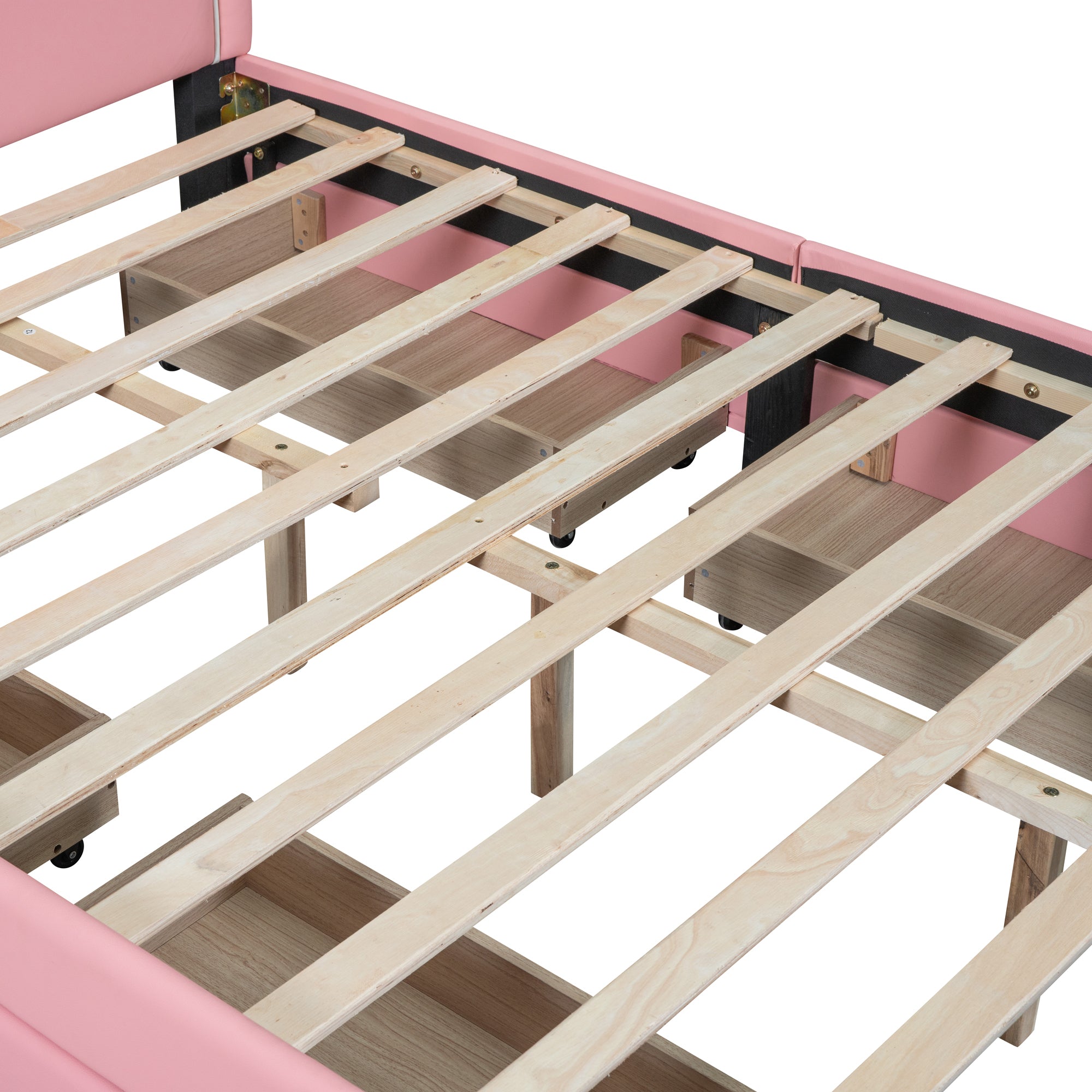 Full Size Upholstered Leather Platform Bed with Rabbit Ornament and 4 Drawers, Pink - Atlantic Fine Furniture Melbourne FL