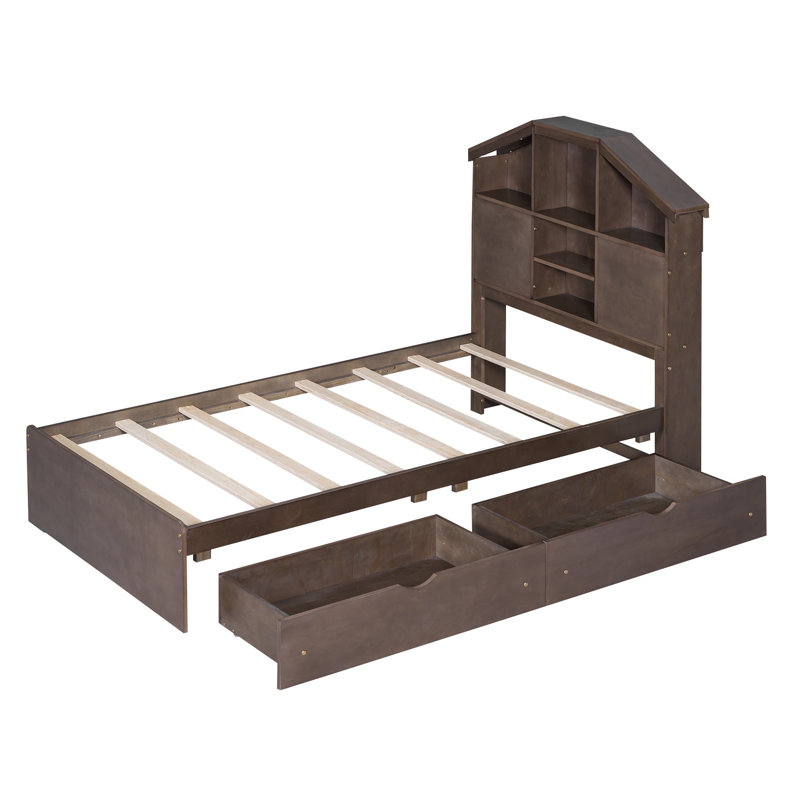 Twin Size Wood Platform Bed with House-shaped Storage Headboard and 2 Drawers, Walnut - Atlantic Fine Furniture Melbourne FL