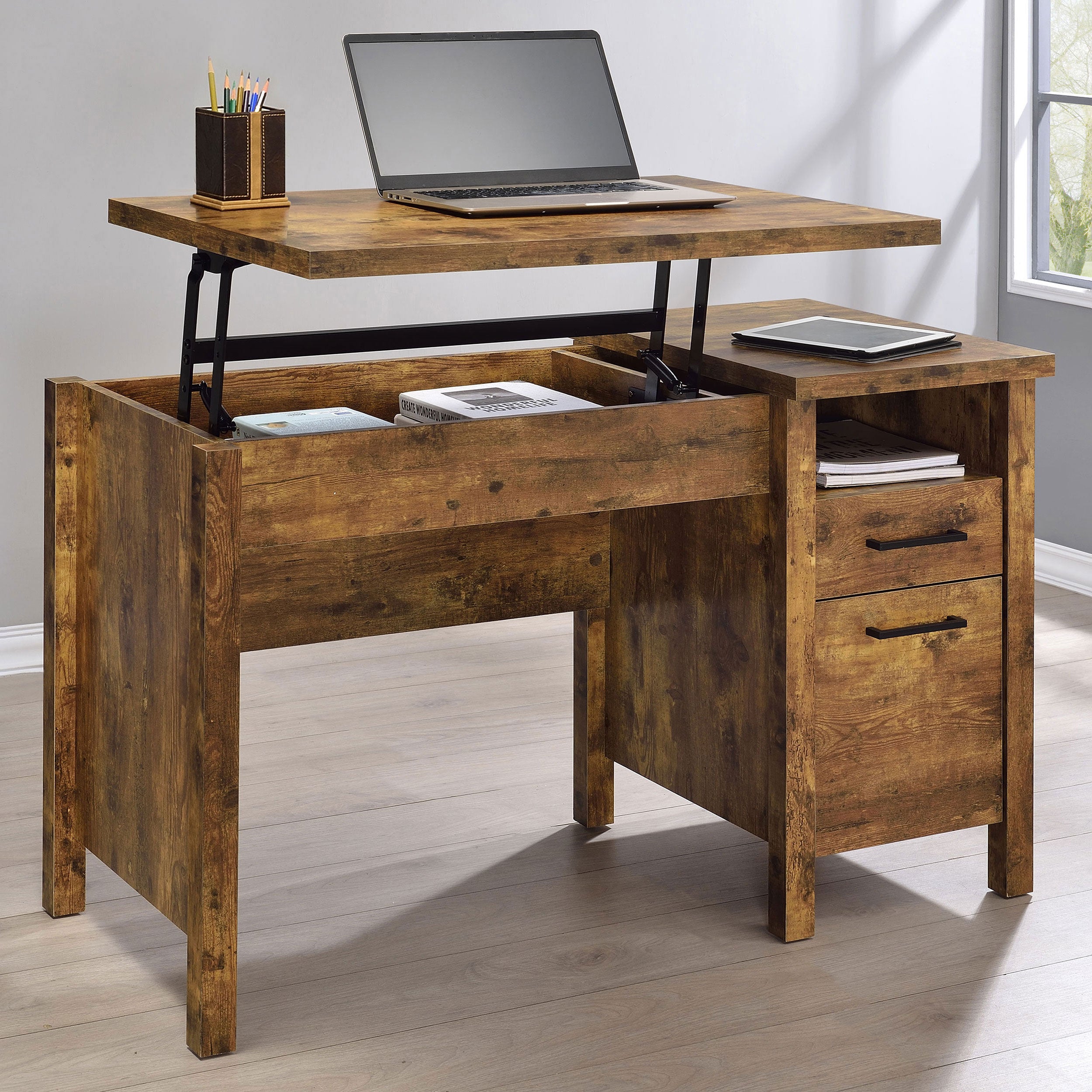 Delwin 47-inch 2-drawer Lift Top Computer Desk Rustic Nutmeg — view 2