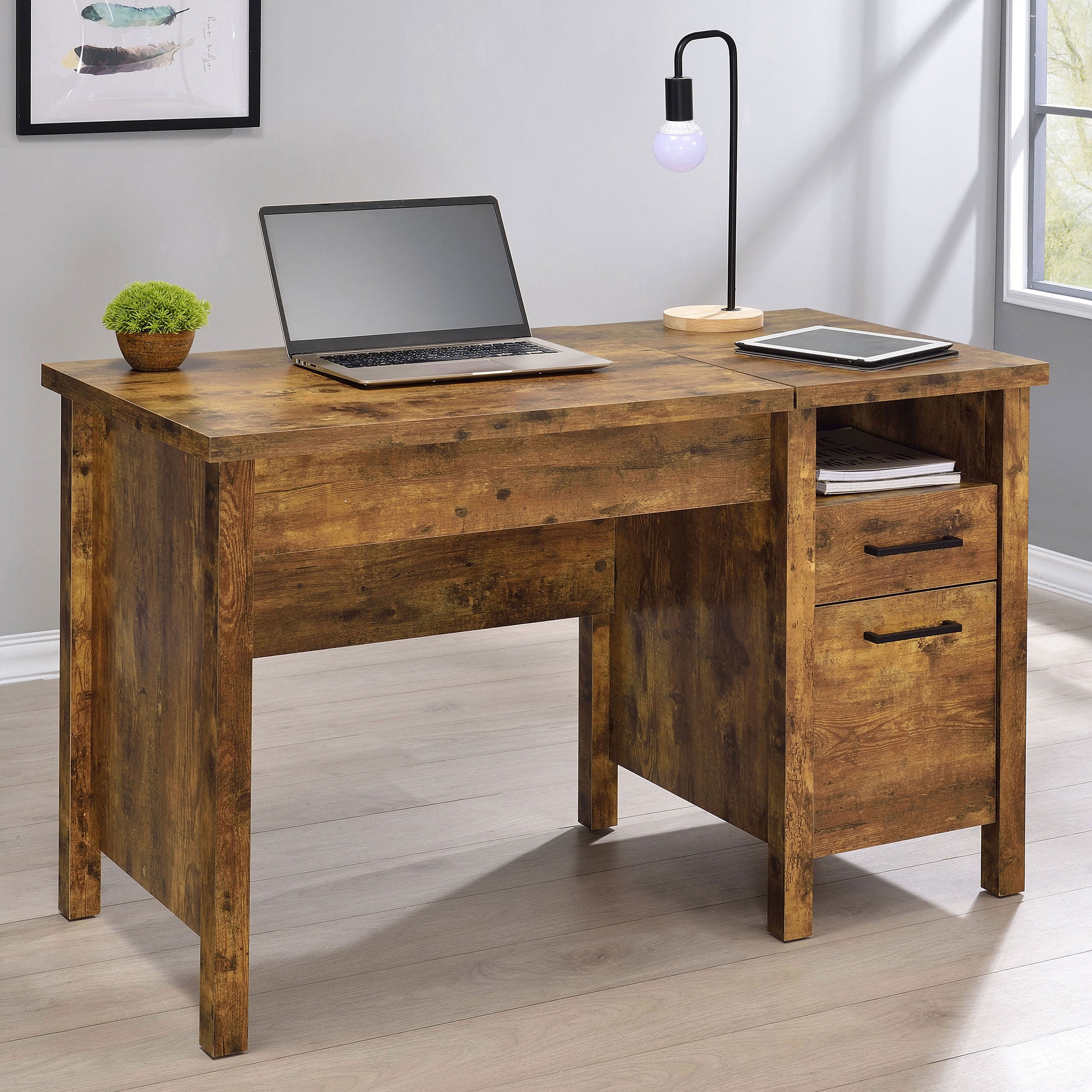 Delwin 47-inch 2-drawer Lift Top Computer Desk Rustic Nutmeg — view 3
