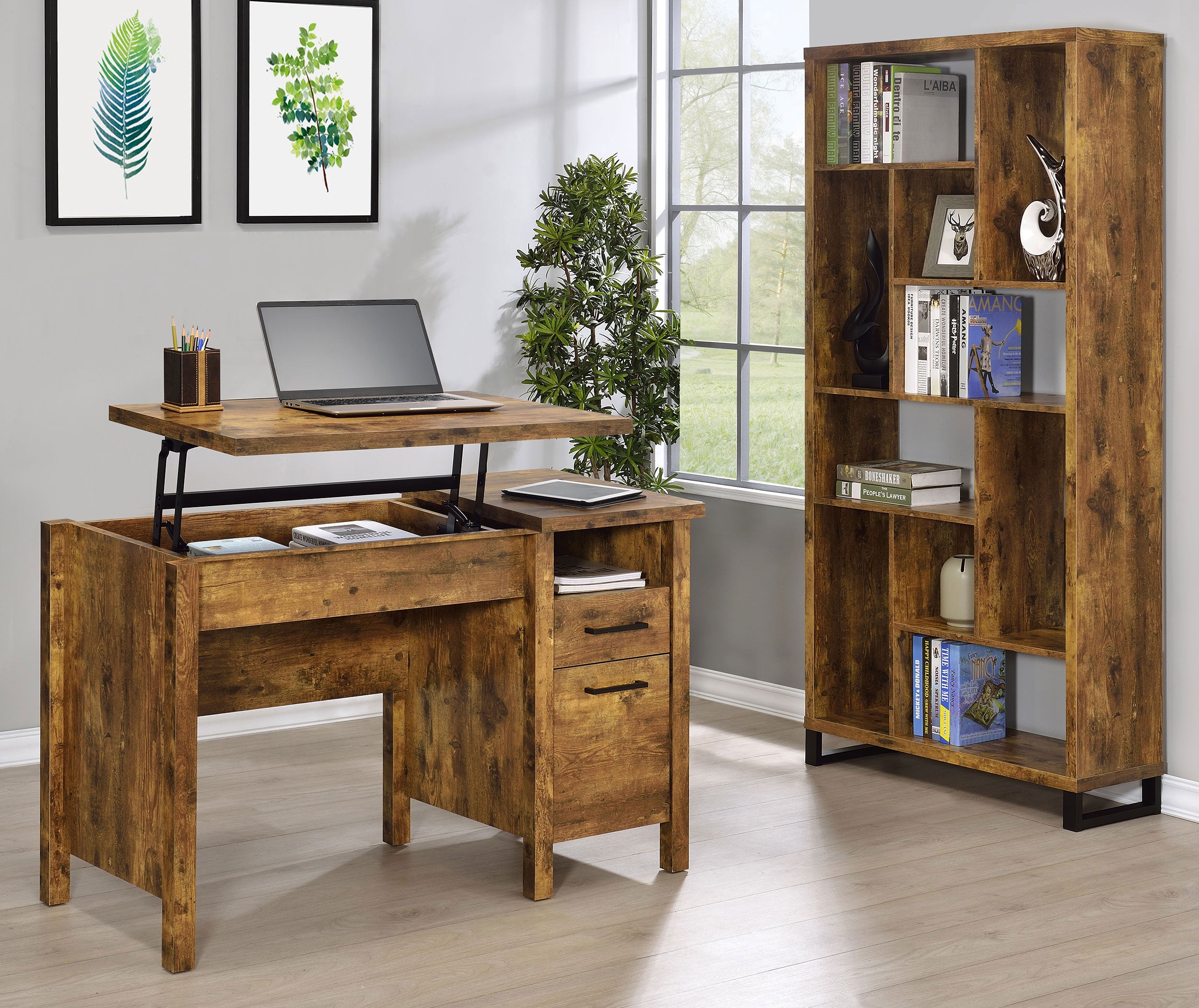 Delwin 47-inch 2-drawer Lift Top Computer Desk Rustic Nutmeg — view 12