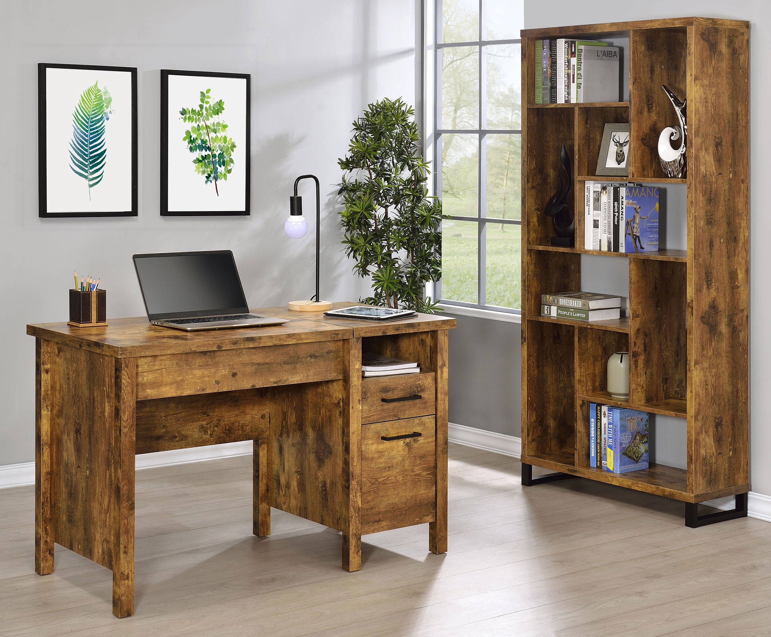 Delwin 47-inch 2-drawer Lift Top Computer Desk Rustic Nutmeg — view 13