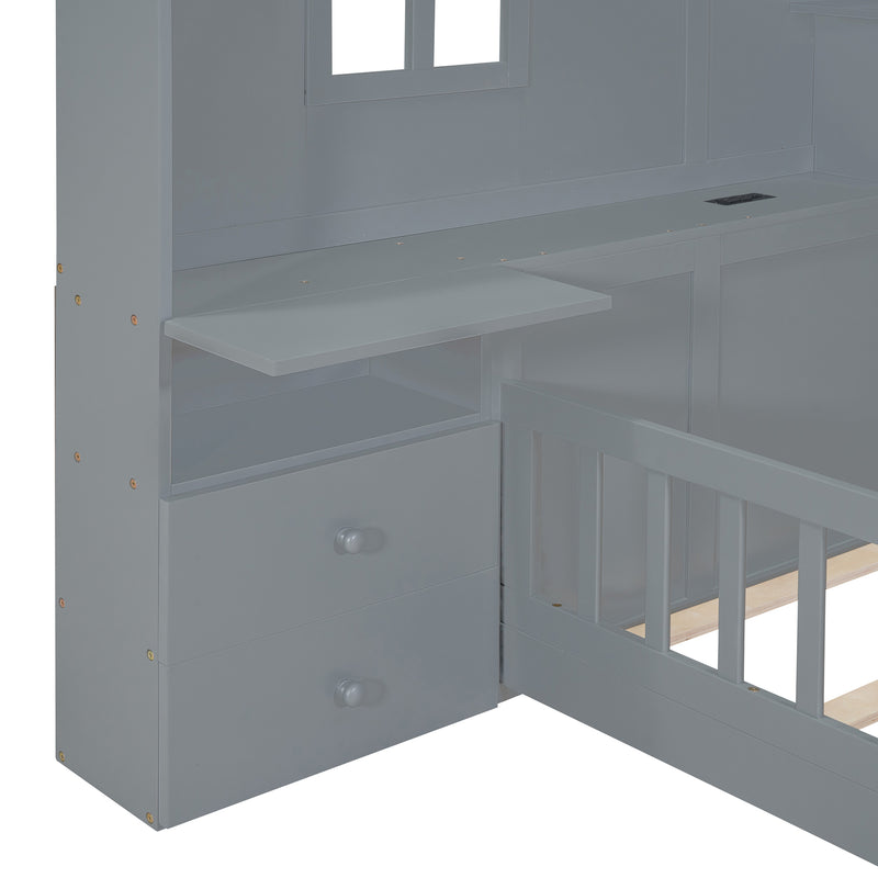 Full Size House Bed with Window and Bedside Drawers, Platform Bed with Shelves and a set of Sockets and USB Port, Gray