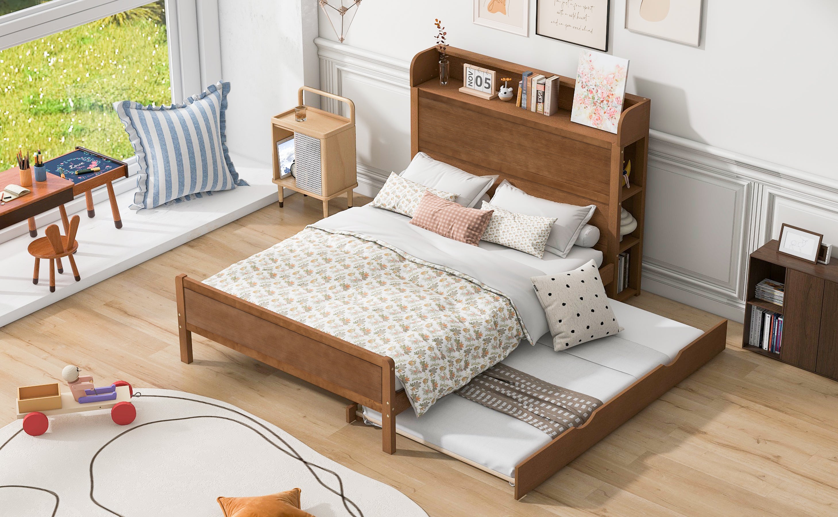Full Size Platform Bed with Storage Headboard and Twin Size Trundle, Walnut - Atlantic Fine Furniture Melbourne FL
