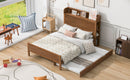 Full Size Platform Bed with Storage Headboard and Twin Size Trundle, Walnut