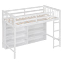 Twin Size Loft Bed with 8 Open Storage Shelves and Built-in Ladder, White