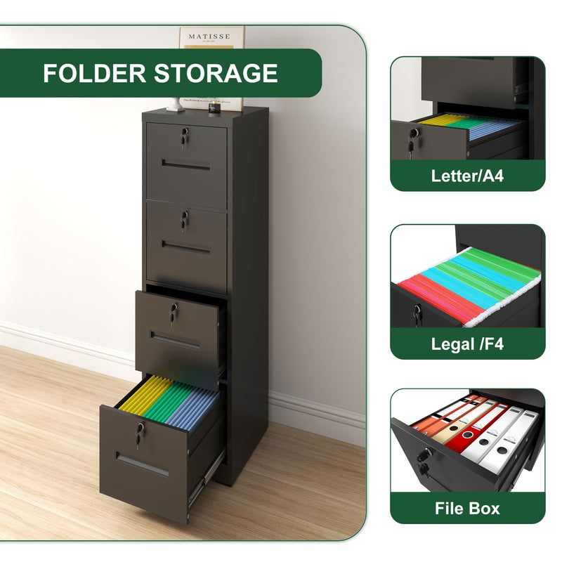 Modern 4 Drawer Metal Vertical Filing Cabinets With Lock For Home Office, Steel Construction, Letter / Legal / A4 / F4 Size - Brushed Nickel