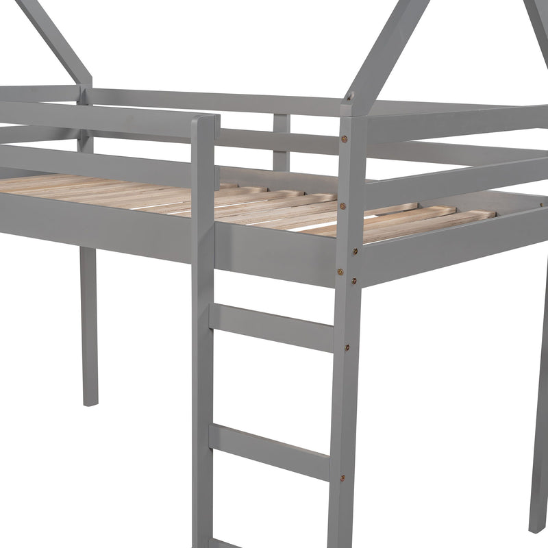 Twin Size House Loft Bed With Slide - Gray
