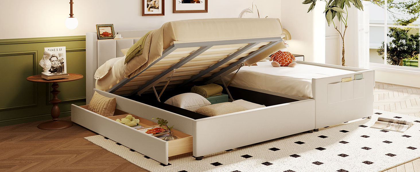 Queen Size & Twin XL Size Upholstered Platform Bed, Mother & Child Bed with Hydraulic Storage System, Drawer Box, Bedhead storage shelf and Two pairs of sockets & USB Ports, PU Leather, Beige