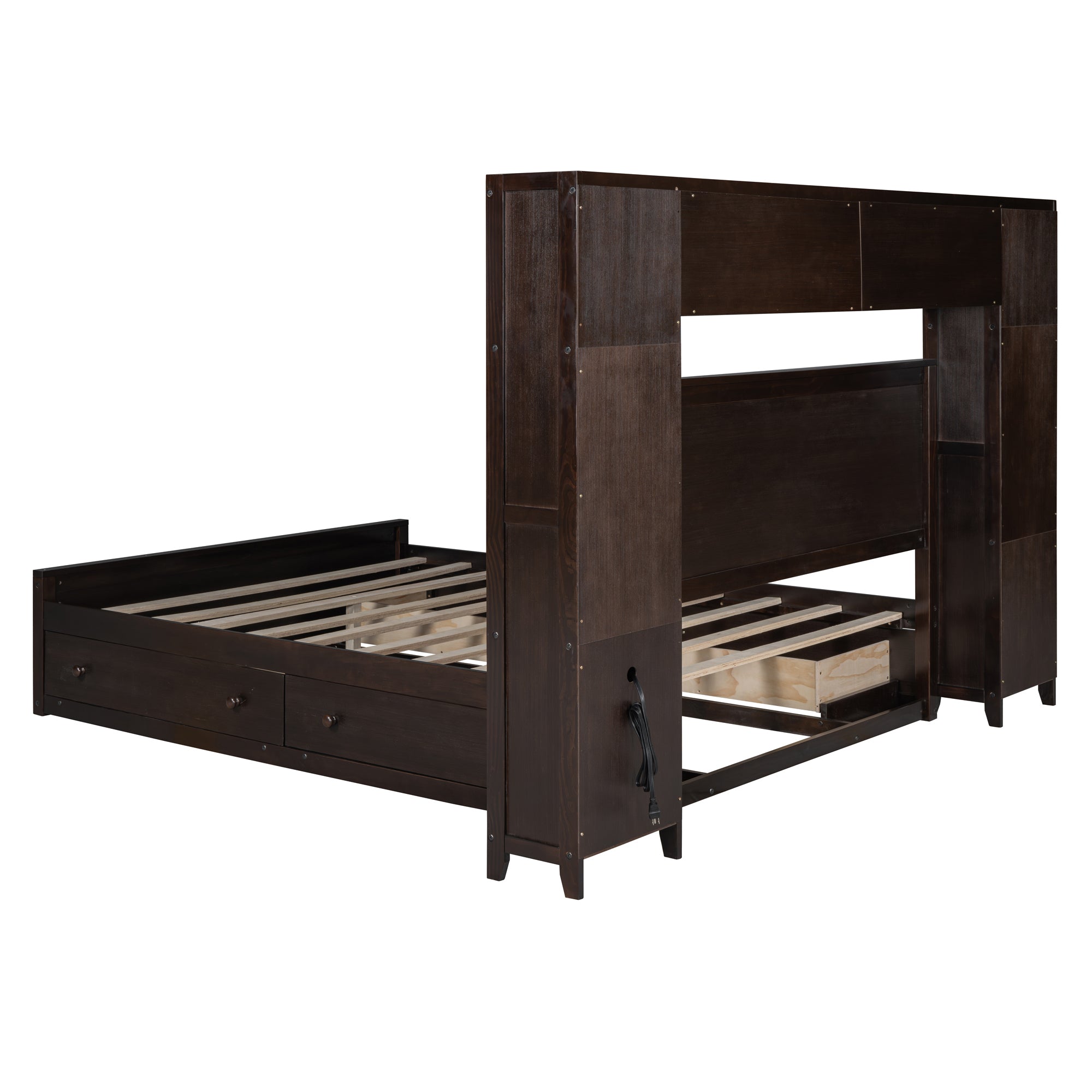 Queen Size Wooden Bed With All-in-One Cabinet, Shelf and Sockets, Espresso - Atlantic Fine Furniture Melbourne FL
