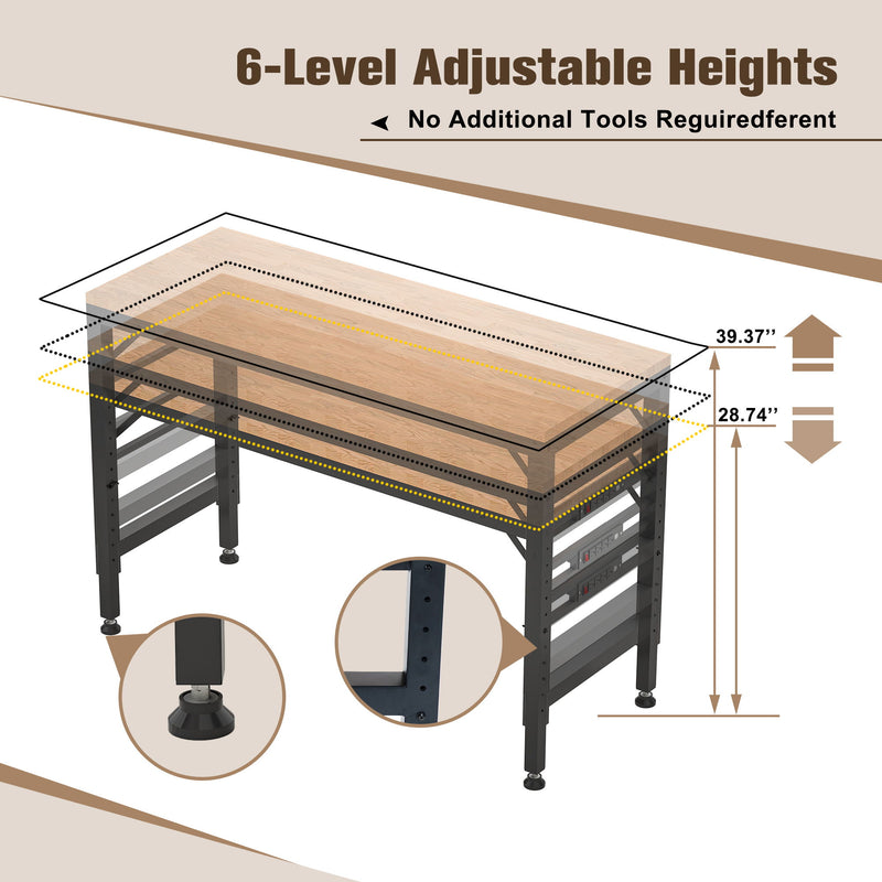 Adjustable Height Workbench, Rubber Wood Top Heavy Duty Workstation With Power Outlets, 2000 Lbs Load Capacity Hardwood Worktable For Workshop, Garage, Office, Home, Commercial - Black