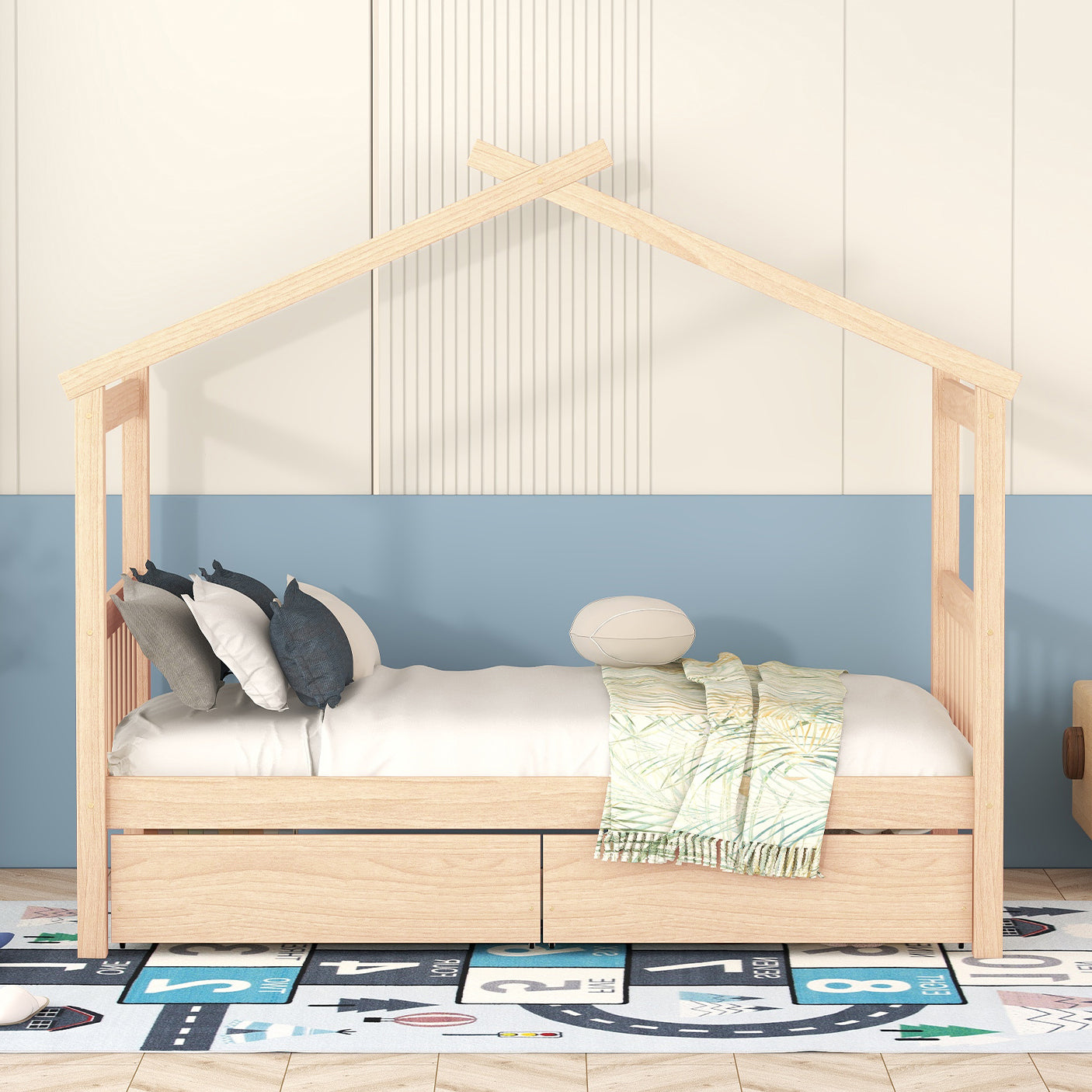 Twin Size Wooden House Bed with Drawers, Natural - Atlantic Fine Furniture Melbourne FL