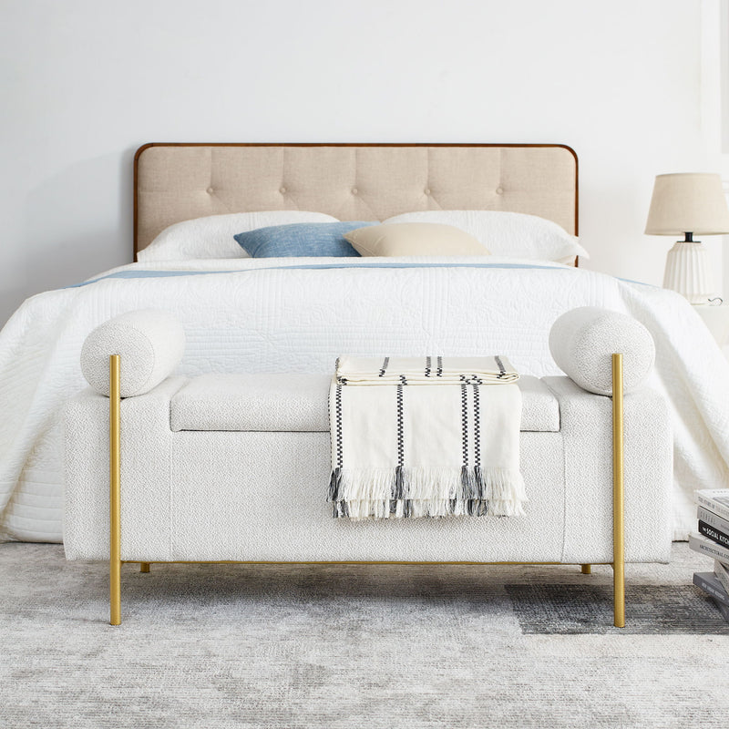 Elegant Upholstered Linen Storage Bench With Cylindrical Arms And Iron Legs, White