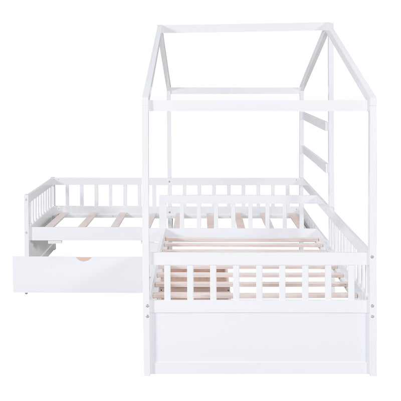 Twin Size House Platform Bed with Three Storage Drawers,White