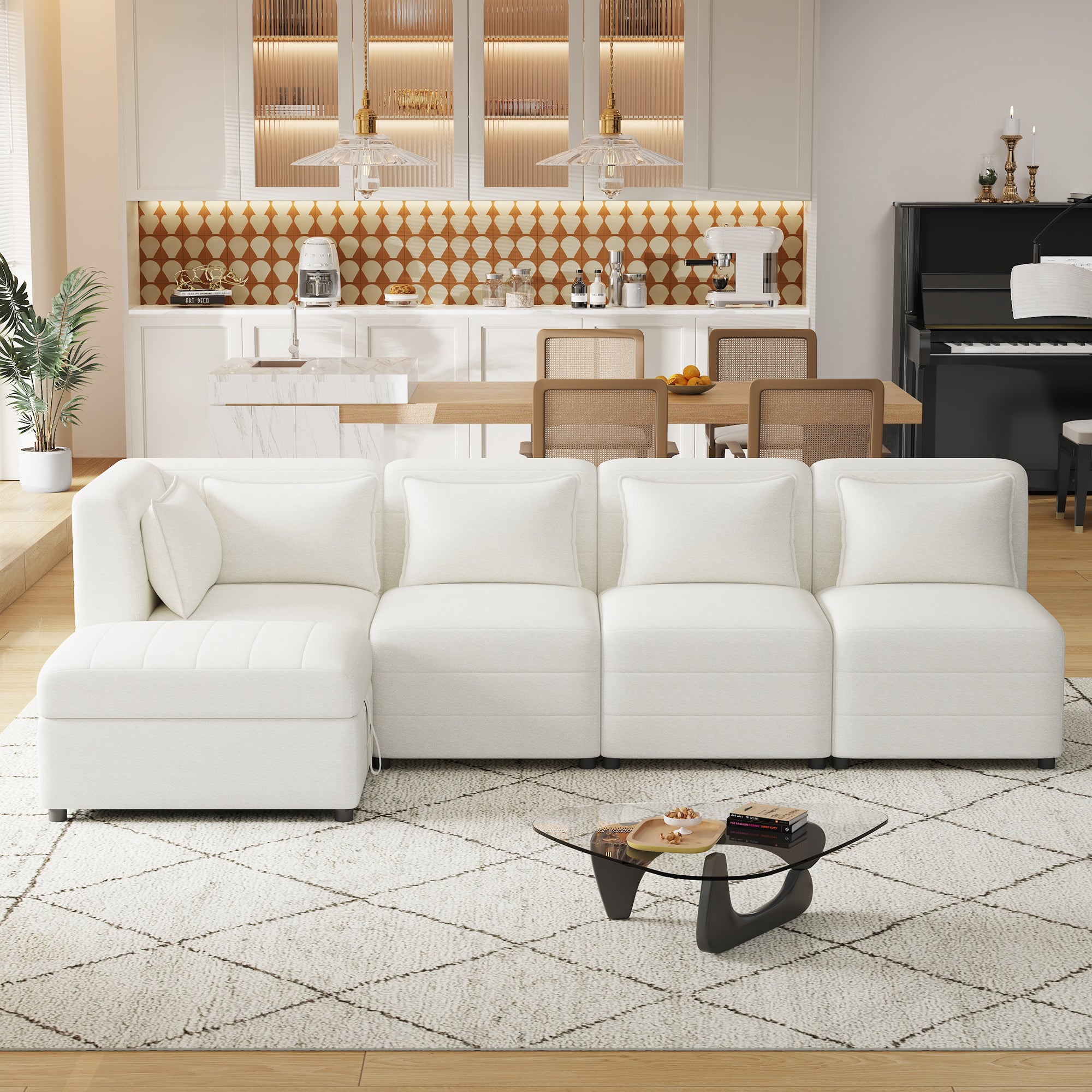 Free-Combined Sectional Sofa 5-seater Modular Couches with Storage Ottoman, 5 Pillows for Living Room, Bedroom, Office, Cream
