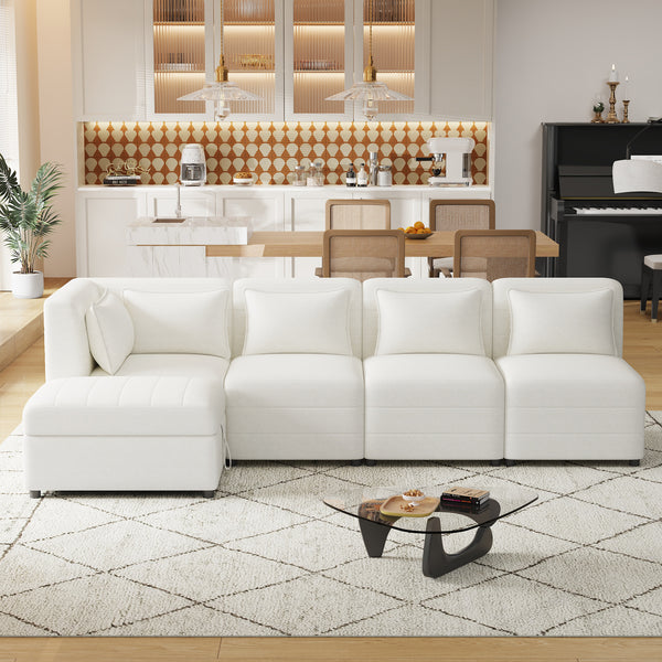 Free-Combined Sectional Sofa 5-seater Modular Couches with Storage Ottoman, 5 Pillows for Living Room, Bedroom, Office, Cream