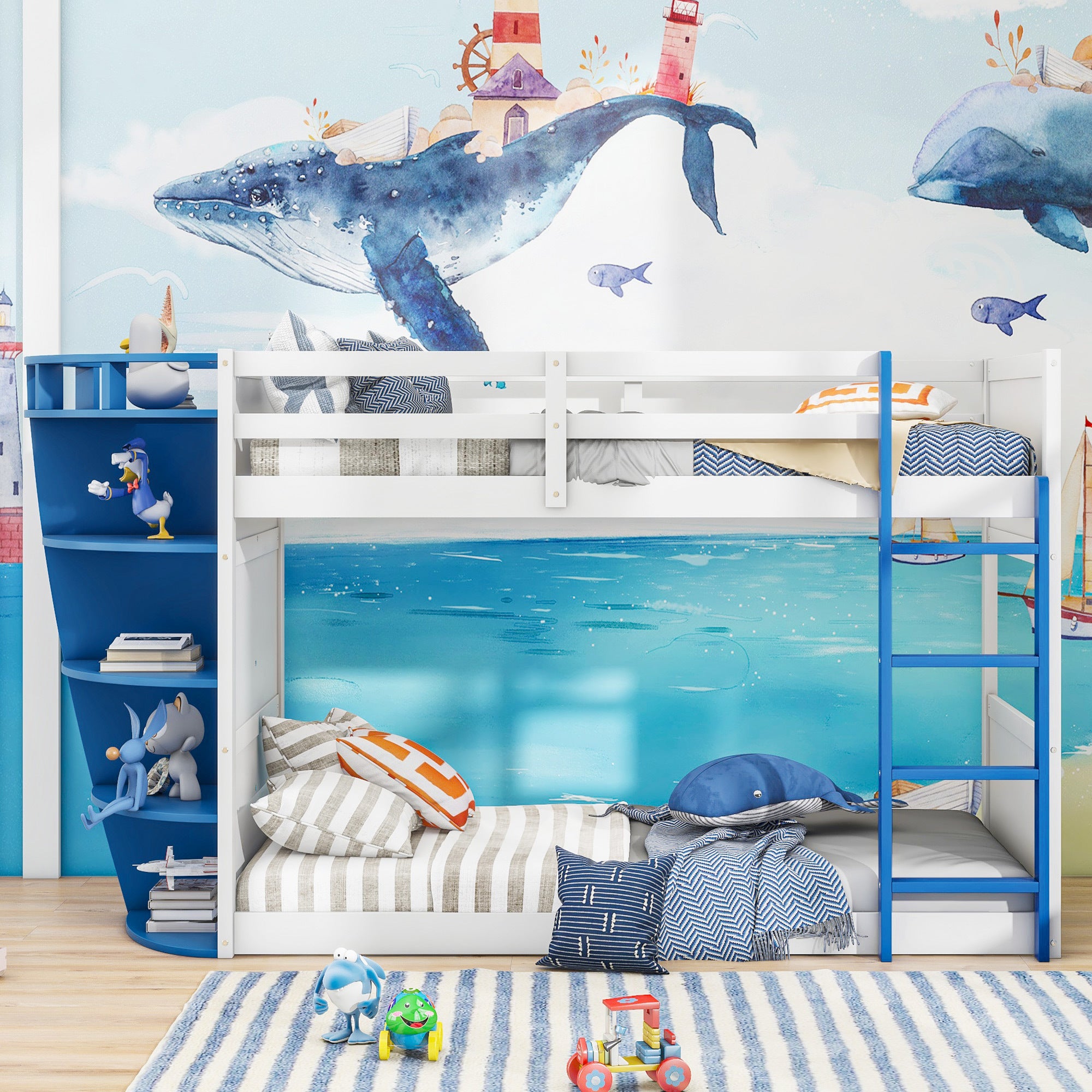 Twin over Twin Boat-Like Shape Bunk Bed with Storage Shelves, White+Blue - Atlantic Fine Furniture Melbourne FL