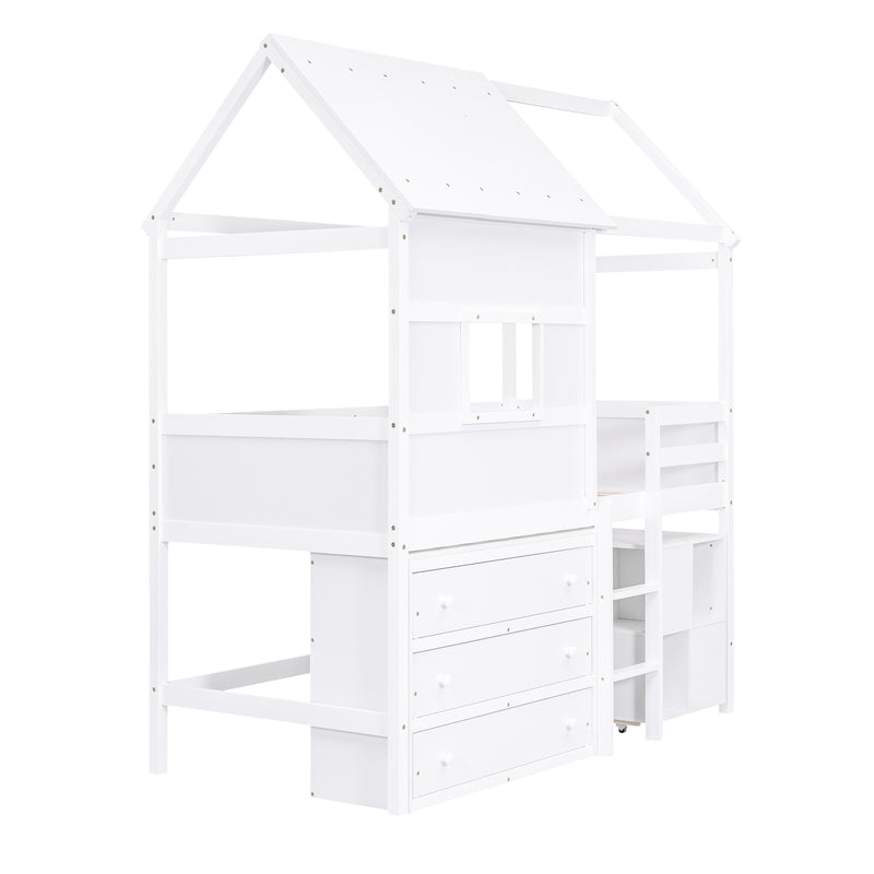 Twin Size House Loft Bed with Storage Desk and 3 Drawer Chest, White