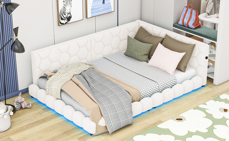 Upholstered Full Size platform bed with USB Ports and LED belt, White - Atlantic Fine Furniture Melbourne FL