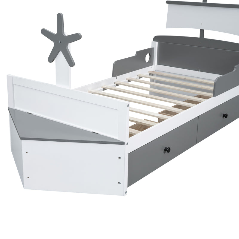 Twin Size Boat-Shaped Platform Bed with 2 Drawers,Twin Bed with Storage for Bedroom,Gray