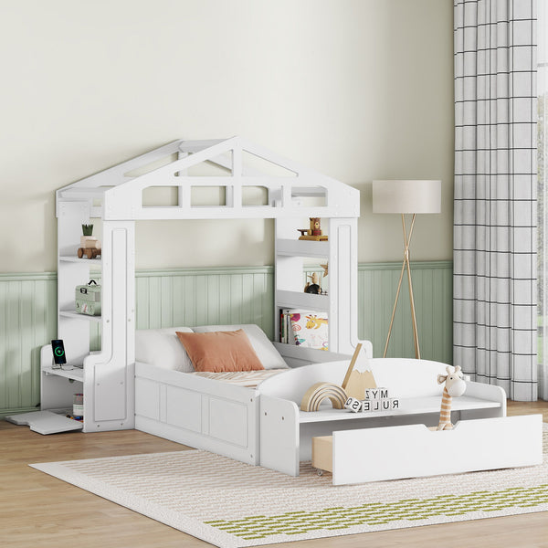 Twin Size House Bed With Bench, Socket And Shelves, White