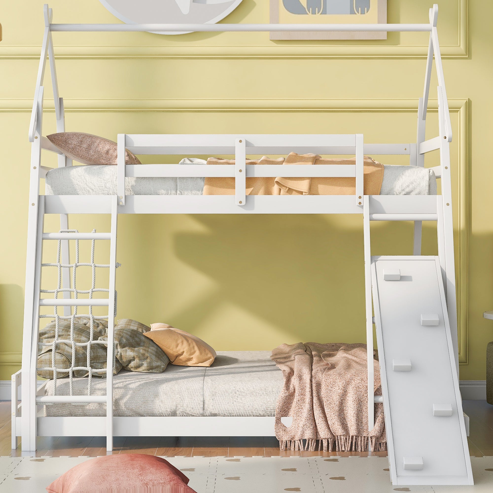 Twin over Queen House Bunk Bed with Climbing Nets and Climbing Ramp, White - Atlantic Fine Furniture Melbourne FL