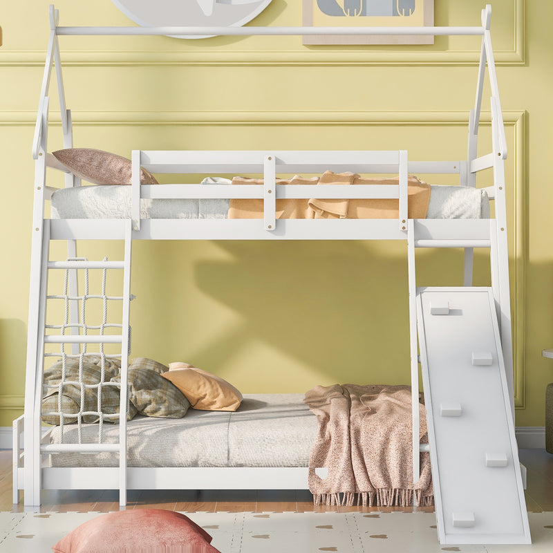 Twin over Queen House Bunk Bed with Climbing Nets and Climbing Ramp, White