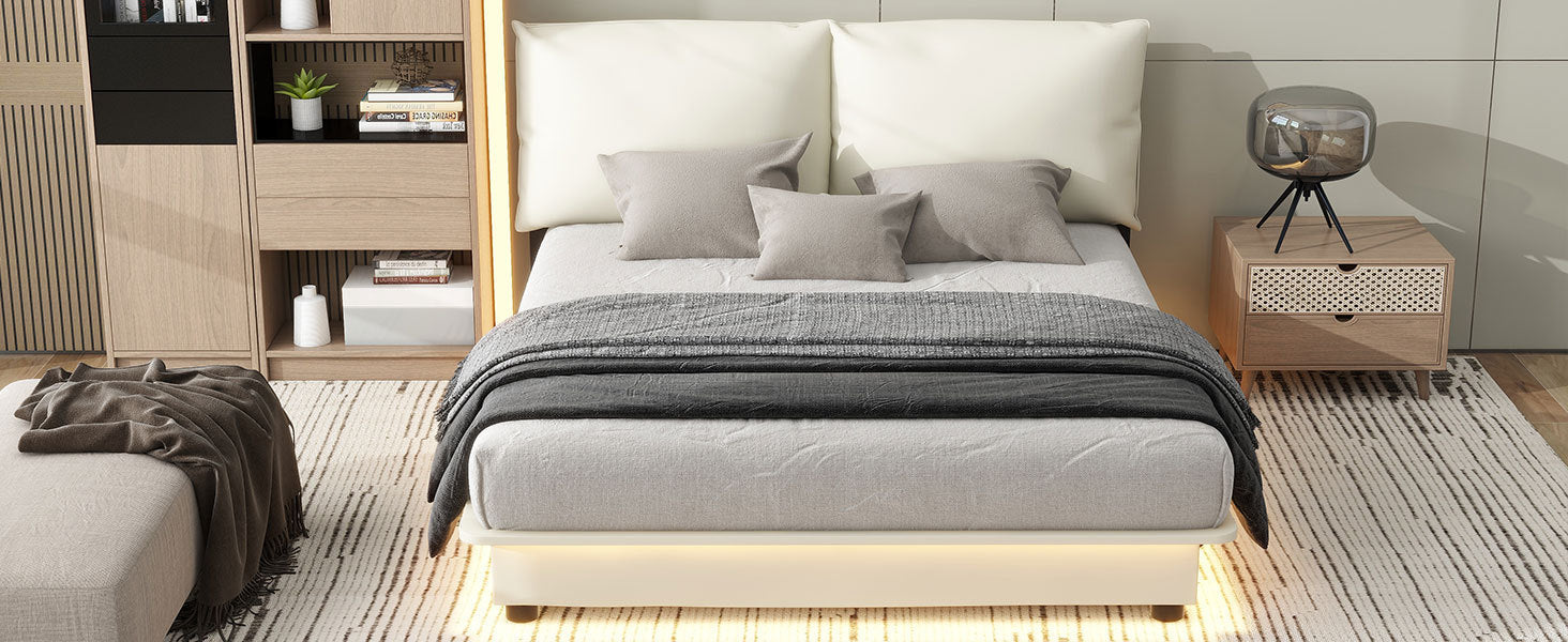 Queen Size Upholstered Platform Bed with Sensor Light and Ergonomic Design Backrests, White - Atlantic Fine Furniture Melbourne FL