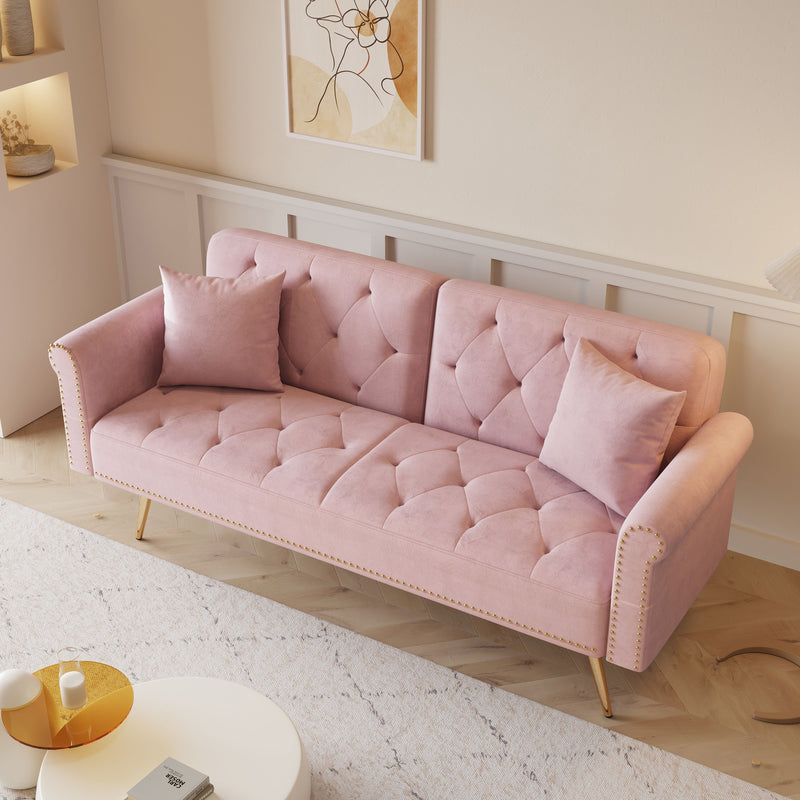 Velvet Nail Head Sofa Bed With Throw Pillow