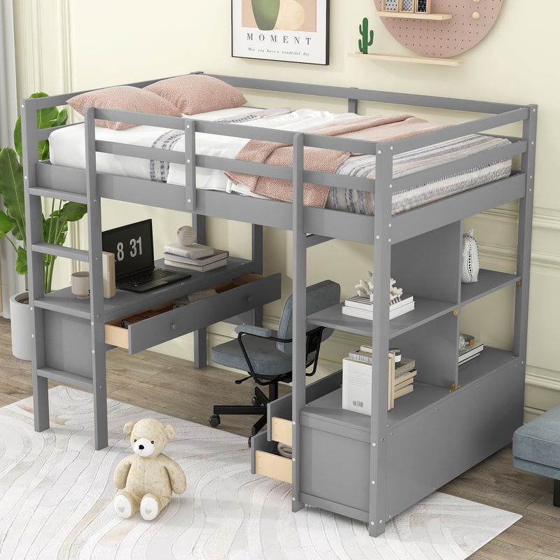 Twin  Size Loft Bed with Built-in Desk with Two Drawers, and Storage Shelves and Drawers,Gray